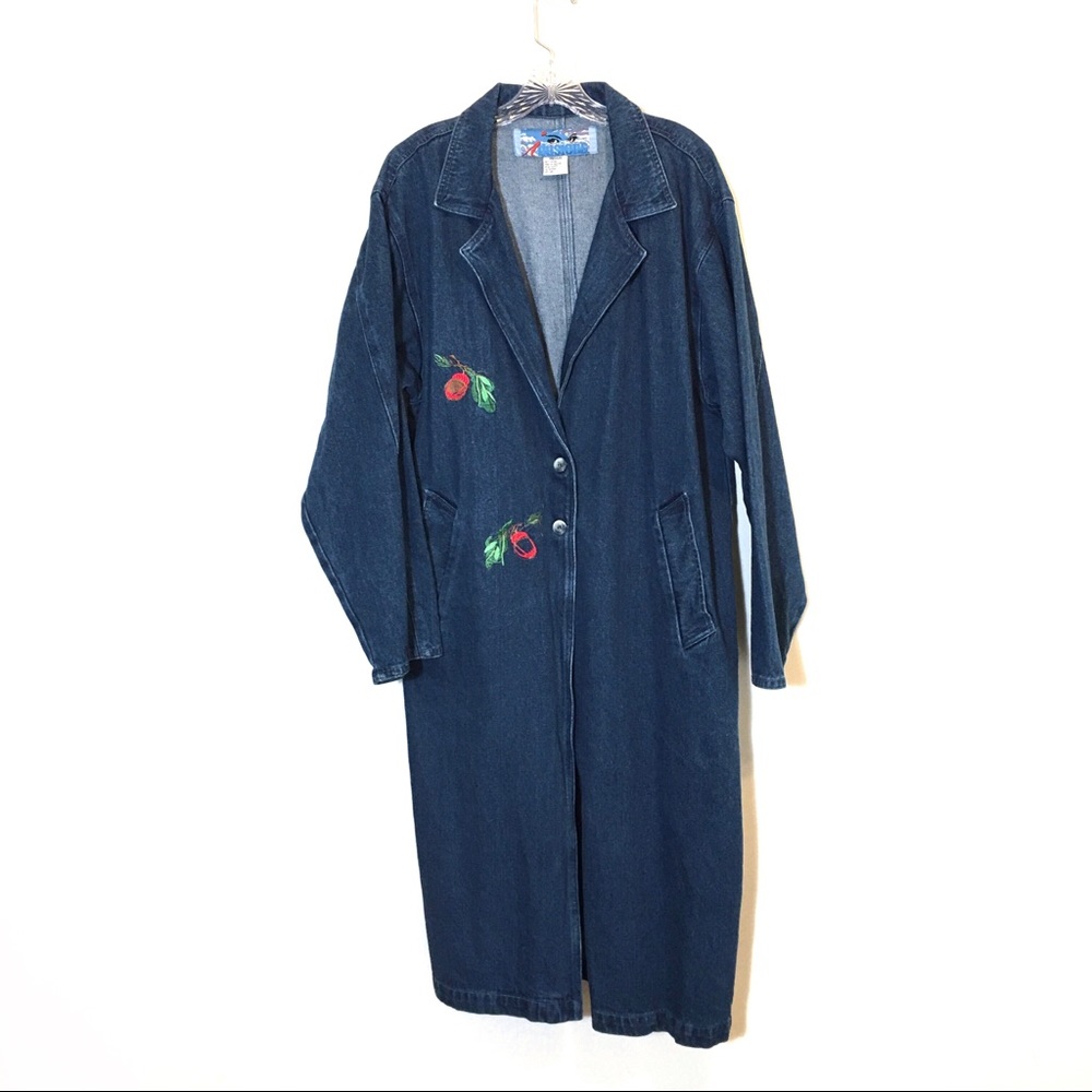 Vintage Denim Duster Embroidered Long Coat Jacket